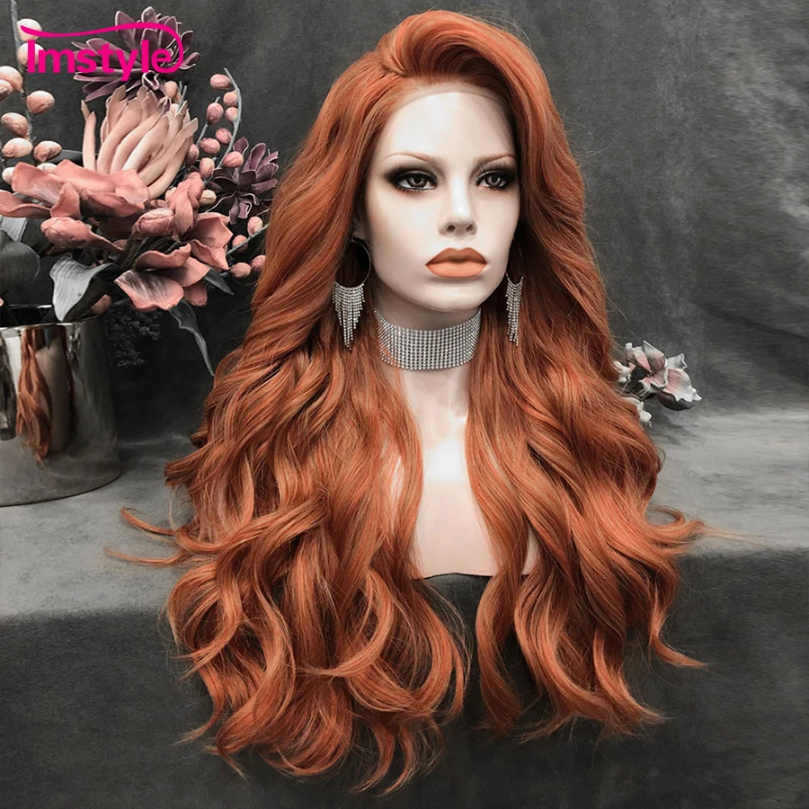 Imstyle Ginger Wig Long Synthetic Lace Front Wig Copper Mixed Color Natural Wavy Wigs For Women Heat Resistant Csplay Wigs