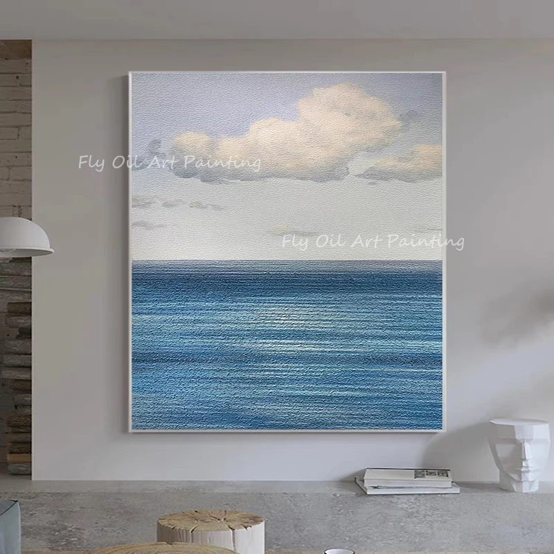 

Simple Ocean Sea Pure Blue Hand-painted Oil Paintings Modern Artwork Pictures On Canvas Wall Art For Home and Office Decorations