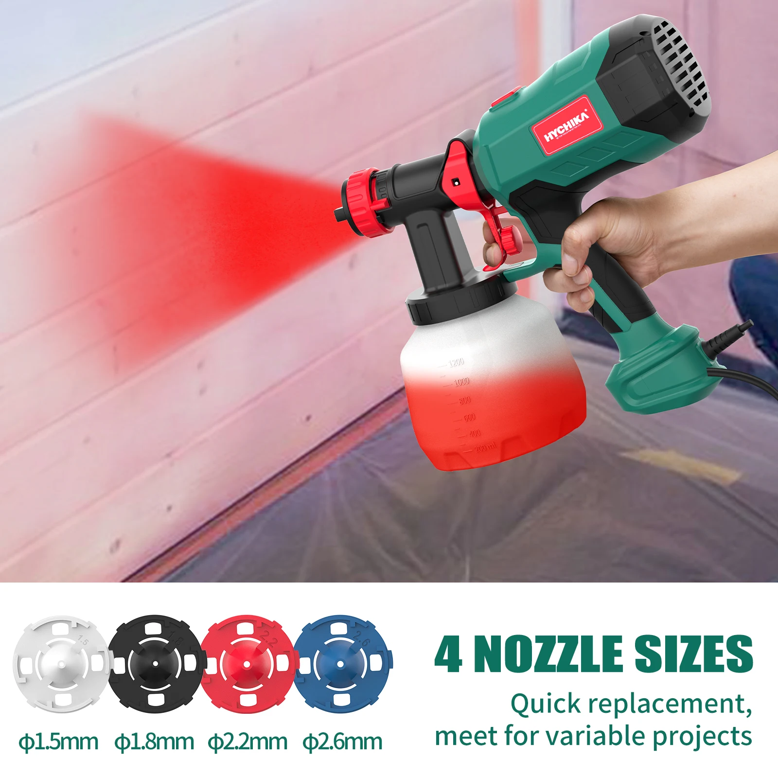 HYCHIKA 1200ml Paint Spray Gun 4PCS Nozzles 600W Easy to Spraying