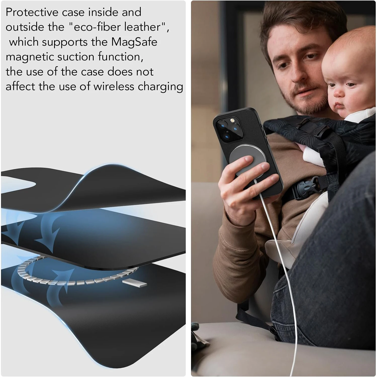 

Чехол из ТПУ и экологичной кожи, совместим с iphone15/15 Plus/15 Pro/15 Pro Max, поддерживает беспроводную быструю зарядку MagSafe.