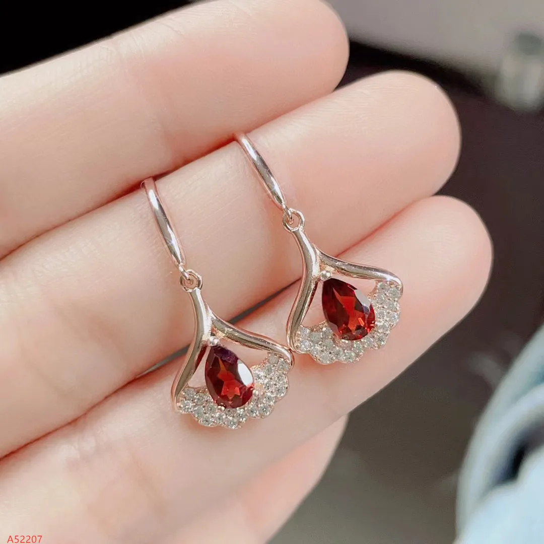 Fine Jewelry 100% Sterling Silver Natural Red Garnet Women'S Earrings Party Gift Girl Marry New Got Engaged Ginkgo Biloba
