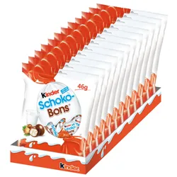Kinder Schoko Bons - Deliciosas bolitas crujientes con trocitos de avellana y recubierto de una capa de chocolate. Perfectas para compartir - Contiene 12 bolsas de 46g cada una. Sin gluten.
