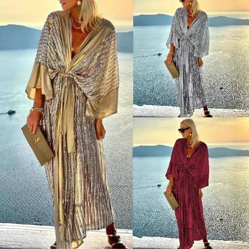 Abito da donna elegante stile elegante Cardigan con paillettes Party Holiday abito lungo con scollo a v con maniche a pipistrello in stile spiaggia