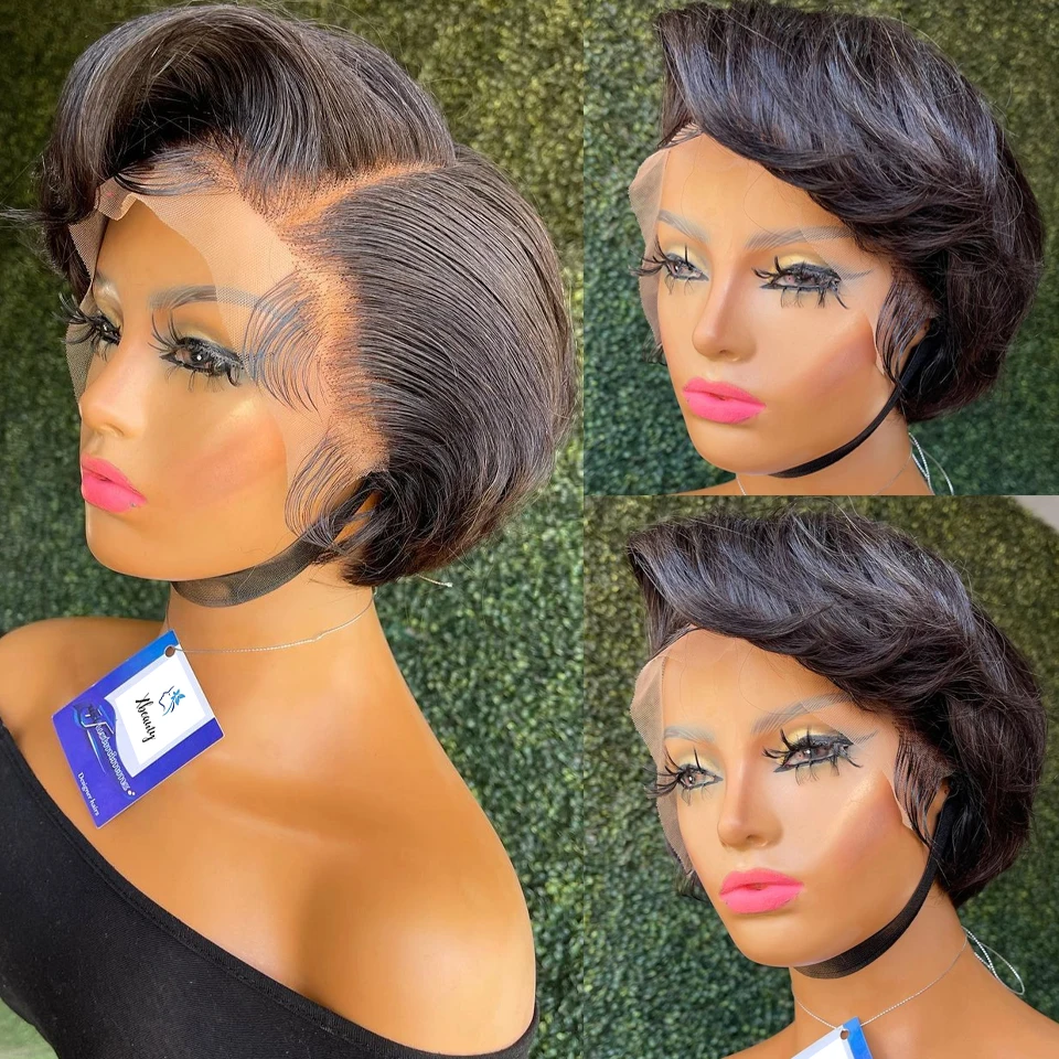 Straight Pixie Cut Wig Transparent Lace Human Hair Wigs Short Bob Wig T Part Lace Wig Prepluck Brazilia Human Hair  For Women