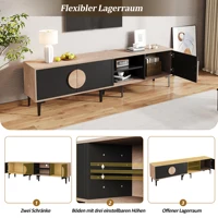 Подставка под телевизор 180 см для 80-дюймового телевизора, низкой панели с 2 шкафами и открытыми полками. Современная медиаконсоль из дерева и черного цвета для гостиной. — изображение 3