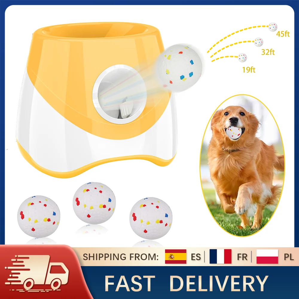 Aggiorna il lanciatore automatico di palline per cani con 3 sfere ETPU da 58 mm, distanza di 19/32/45 piedi regolabile, giocattolo interattivo ricaricabile per animali domestici