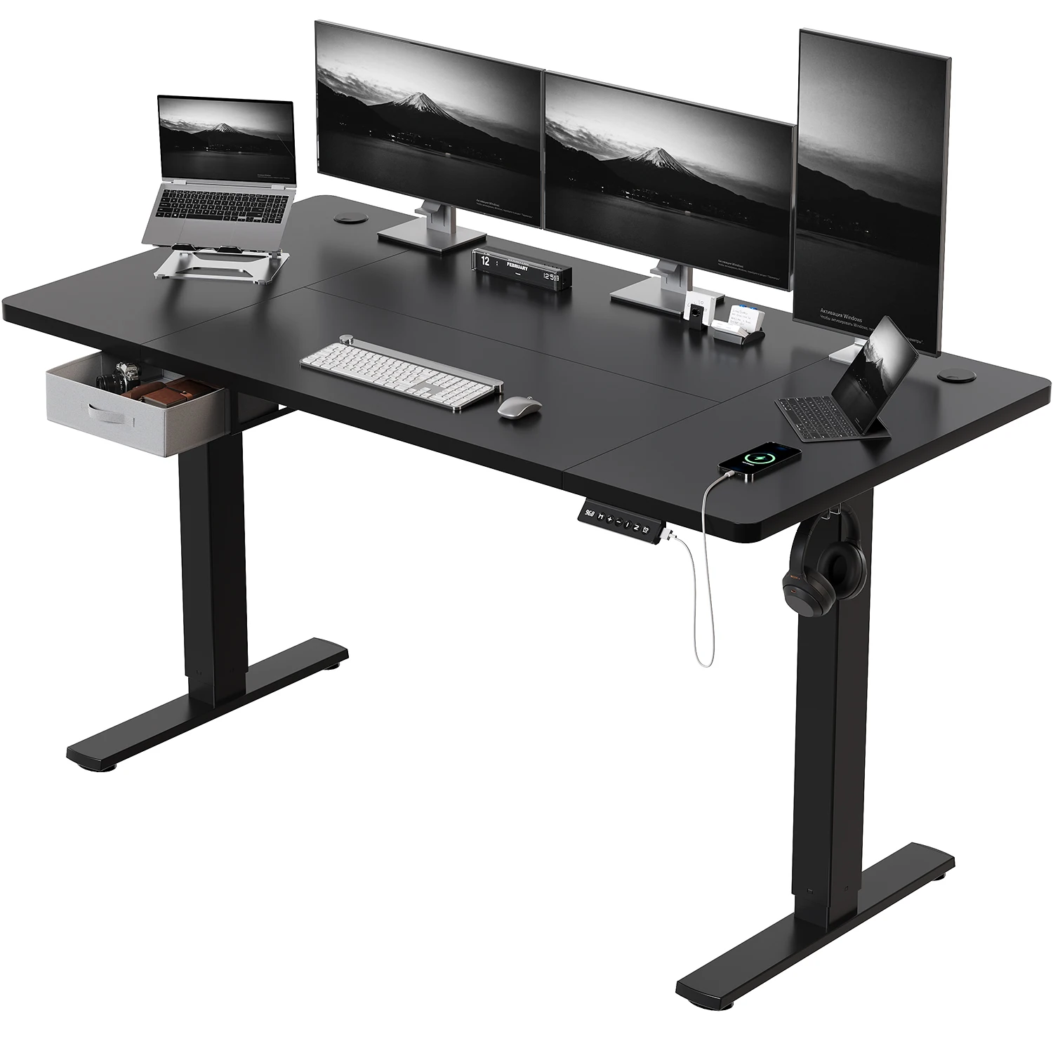 Bureau réglable en hauteur Devoko 160x80cm avec tiroirs et port de charge USB-A pour ordinateur