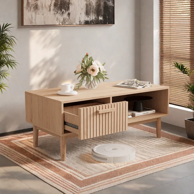 Anajqaqia Table basse 100x50x43cm avec tiroir et compartiment ouvert, table d'appoint rectangulaire, table de canapé pour salon, chambre à coucher 1