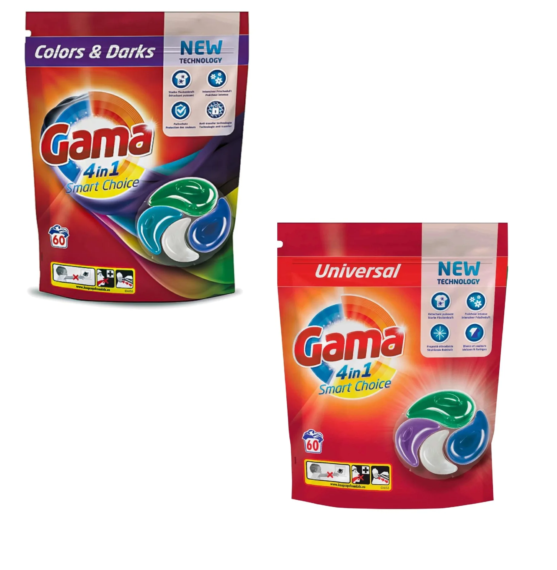 MIX Kapsułki do prania niemieckie DE GAMA 4in1 Smart uniwersalne i kolor 2x 60szt  z Polski za $21.57 / ~88zł