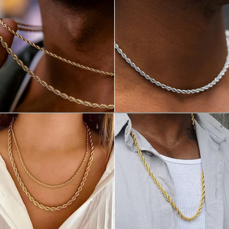 18 Inch Male Rope Necklace 2mm-8mm Stainless Steel Twisted Rope