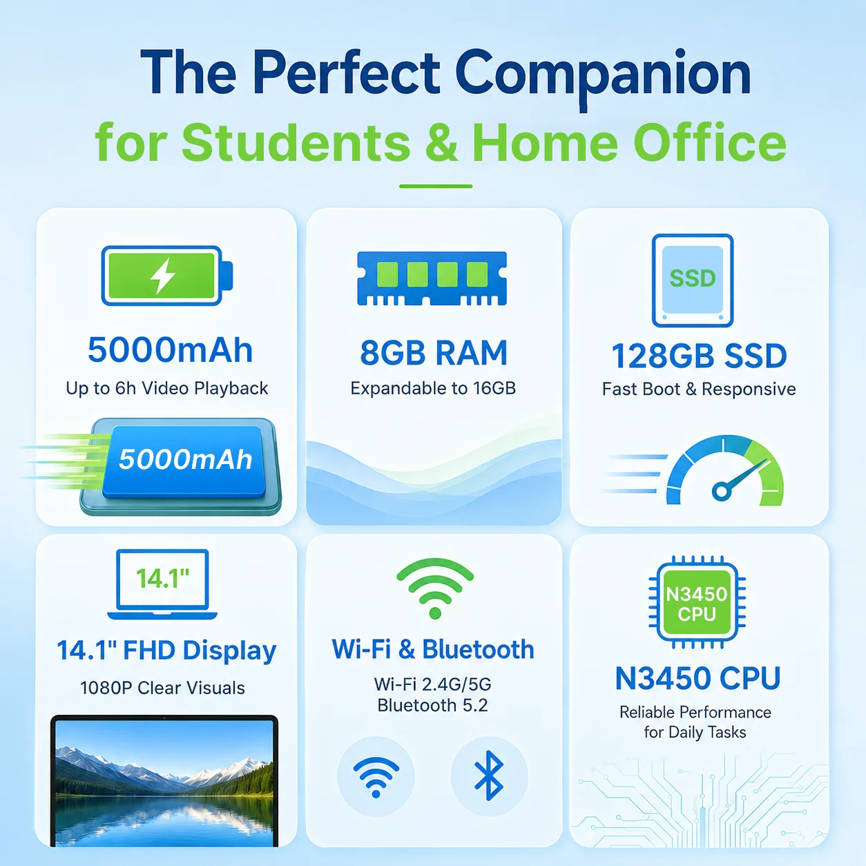 LPNAWZ 14.1" Budget Laptop for Students & Work - Intel N3450, 8GB RAM, 128GB SSD, Genuine Windows 10 (Free Win11 Upgrade), WiFi/BT 5.2, FR Fast Shipping + Free Keyboard Cover (DE/FR/IT/ES) - immagine 2