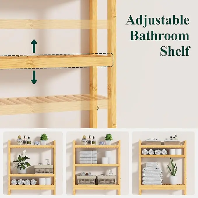 Smiry Over The Toilet Storage, Bamboo 3-Tier Over Toilet Bathroom Organizer, Adjustable Bathroom Shelf, Space Saving, Stable Fre 3