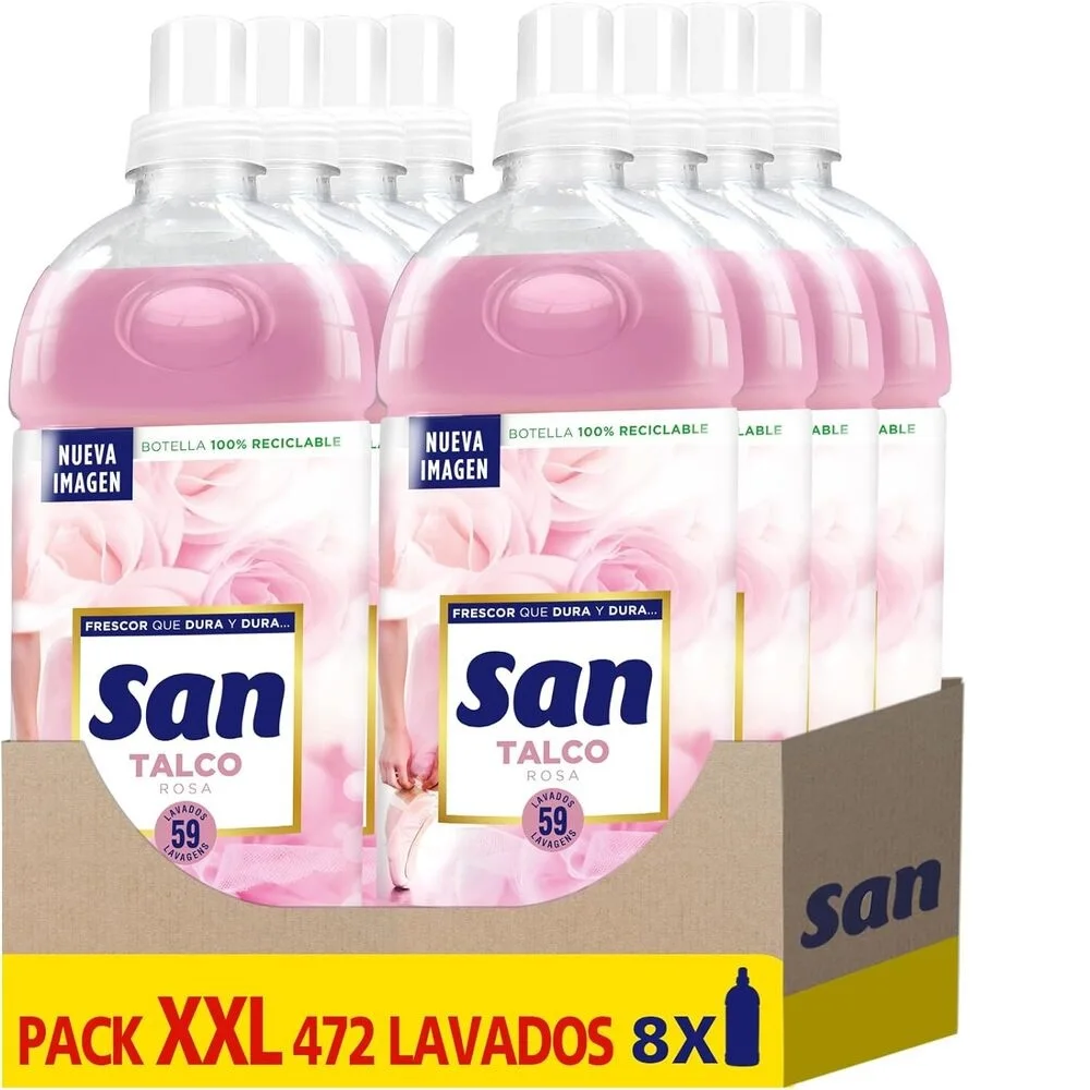 SAN Suavizante Ropa Lavadora Líquido Concentrado Fragancia Duradera Talco Rosa, Pack de 8 x 59 Lavados = 472 Dosis, Suavizante para lavadora