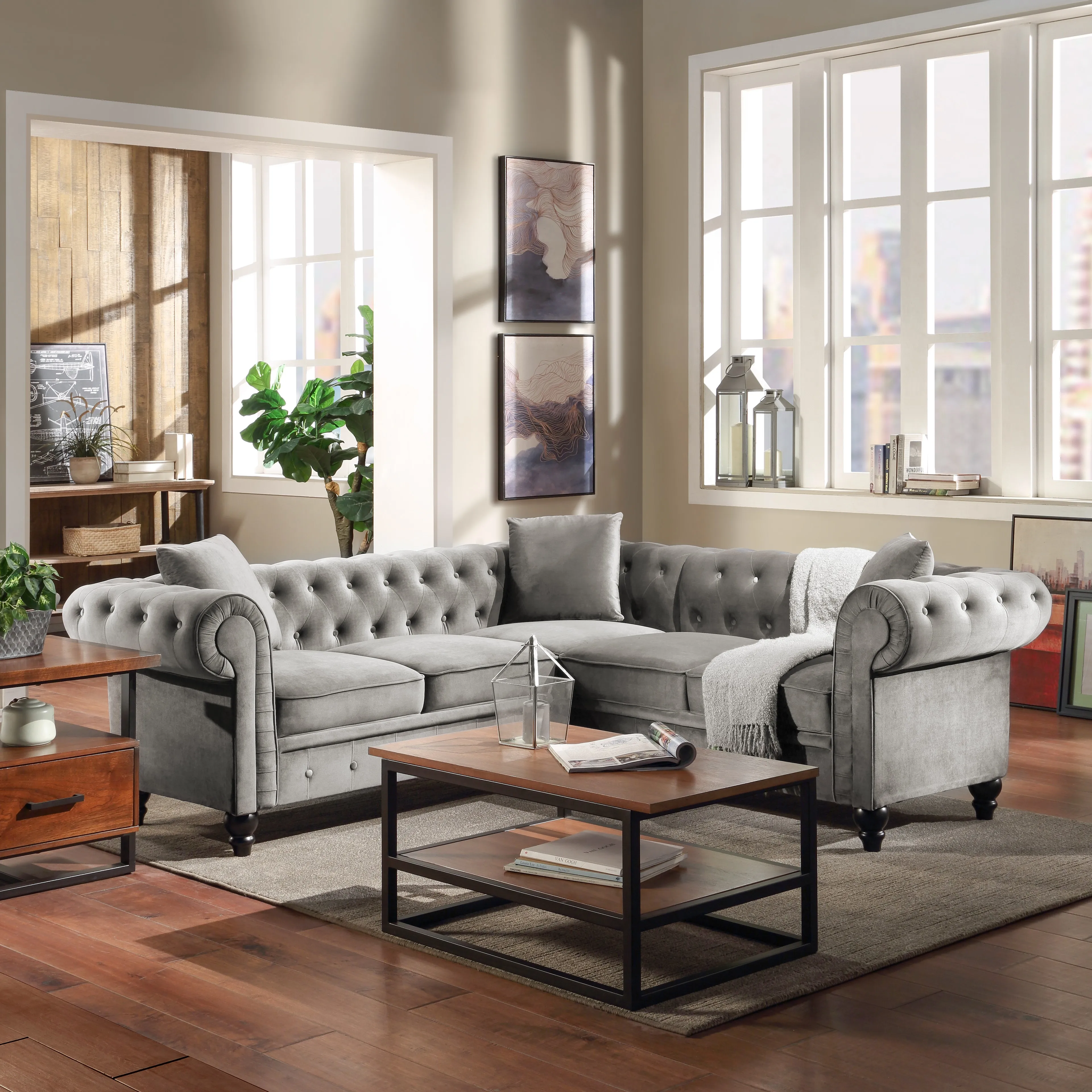 80x80x28“ Sofa Deep Button Tufted Velvet Upholstered Rolled Arm Classic  Chesterfield L Shaped Sectional Sofa 3 Pillows Included