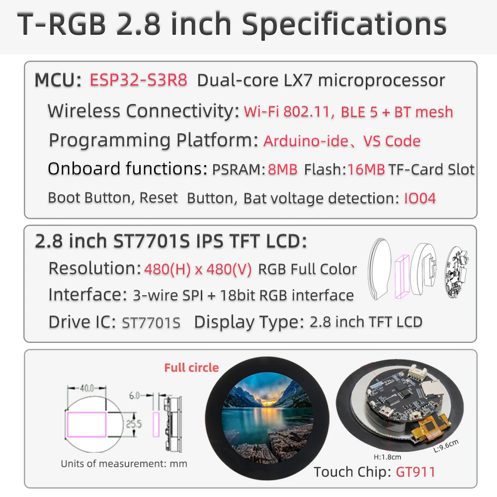 ® T-RGB ESP32-S3 2.8 inch LCD Touch Round Display ST7701S Screen ESP32-S3R8 Deve