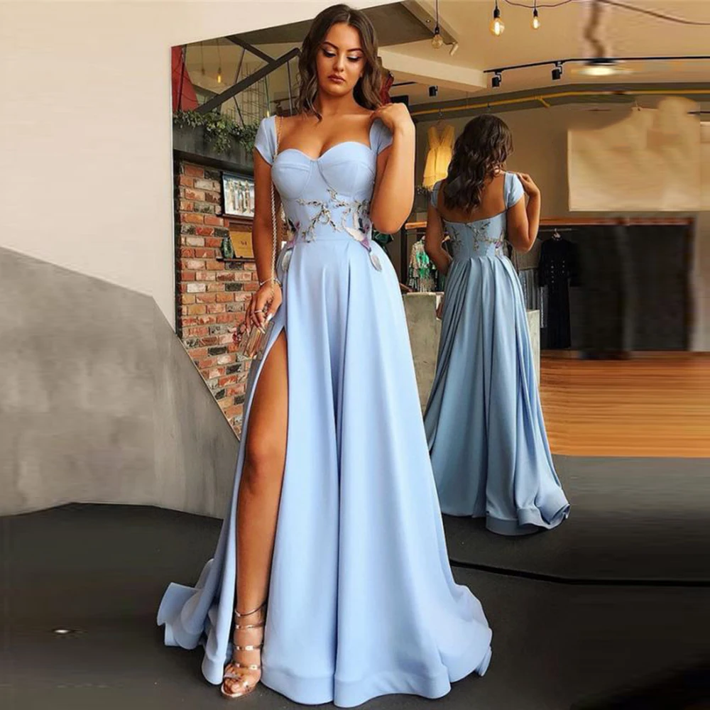 

Modern Sky Blue Prom Dress Sweetheart A Line Evening Gowns Side Slit Floor Length Party Club Formal Vestidos De Fiesta