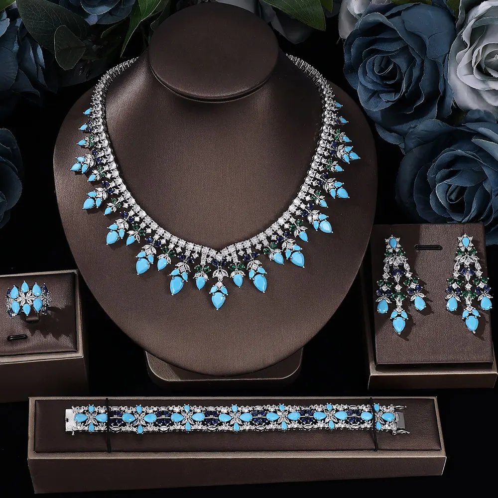 

Luxury Turquoise Bridal 4-Piece Set of Dubai Jewellery Necklace Earrings Bracelet Ring Set Wedding Birdes Accessoires