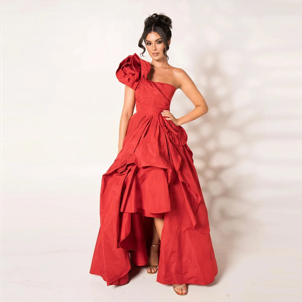 

One-Shoulder A-line Prom Gown 3D Pleat Flowers Solid Color Sleeveless Backless Evening Party Dresses فساتين للحفلات الراقصة