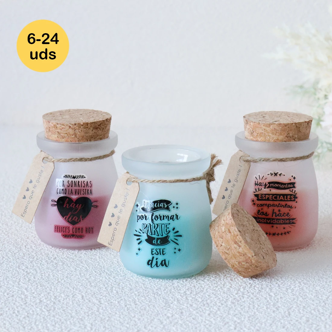 Lote de 6 a 24 velas con frases, Velas de colores, Tarjeta para invitados, Velas aromáticas, 3 colores diferentes con 3 frases diferentes, Detalles invitados de bautizo, Detalles invitados de boda, Regalantes Store