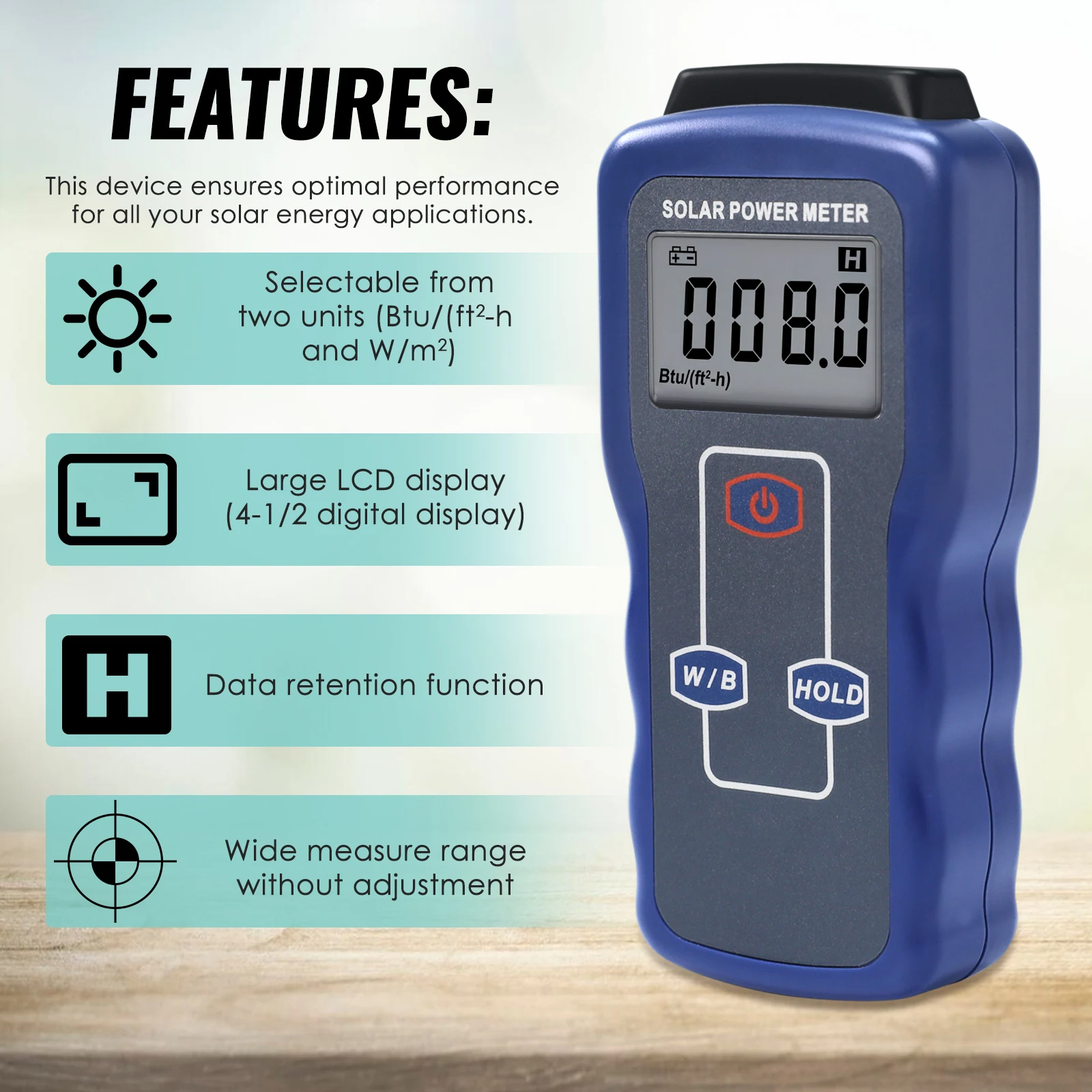 Digital Solar Power Meter Light Meter Sunlight Energy Radiation Tester Light Intensity Data Hold Function Large LCD Display 4