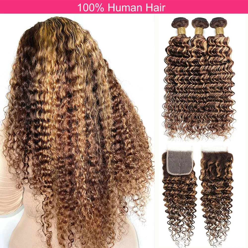 Highlight Deep Wave Bundles with Closure Brazilian Human Hair Bundles with Closure Honey Blonde 30 Inch