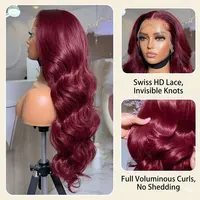 Perruque de cheveux humains ondulés bordeaux 99J de 30 pouces, perruque frontale en dentelle HD transparente 13x6, densité 250, pré-plumée et colorée 4