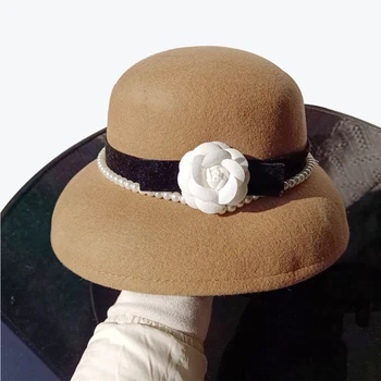 Winter CamelliaFedora hatPearl Wool Hat French Flat Top Top Hat Women's Vintage Elegant Temperament Felt Hat