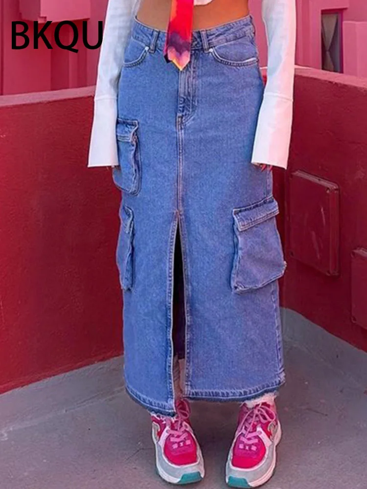 

BKQU 2023 Blue Vintage Denim Skirts Multi-pocket High Waist Split Long Skirts For Women Casual Loose Straight Cargo Skirt Fairy