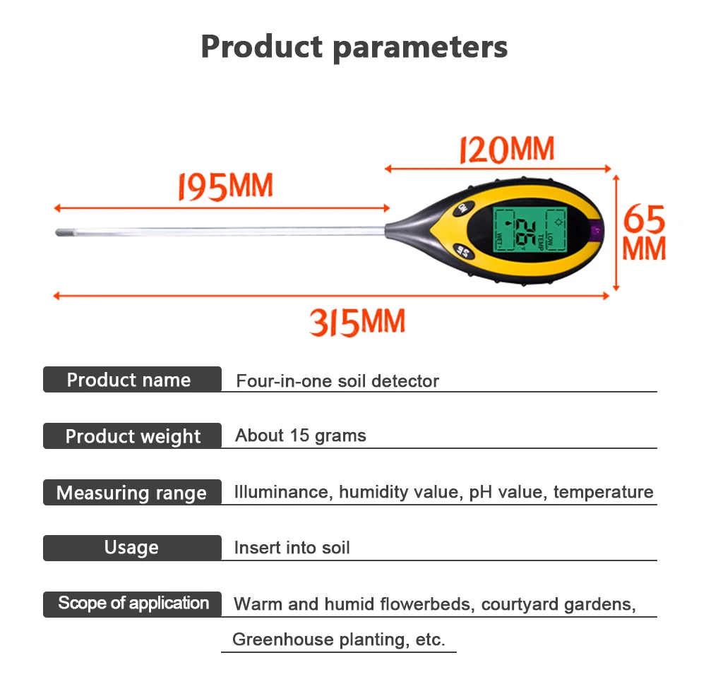 Medidor Umidade Temp Solo PH Tester Medidor