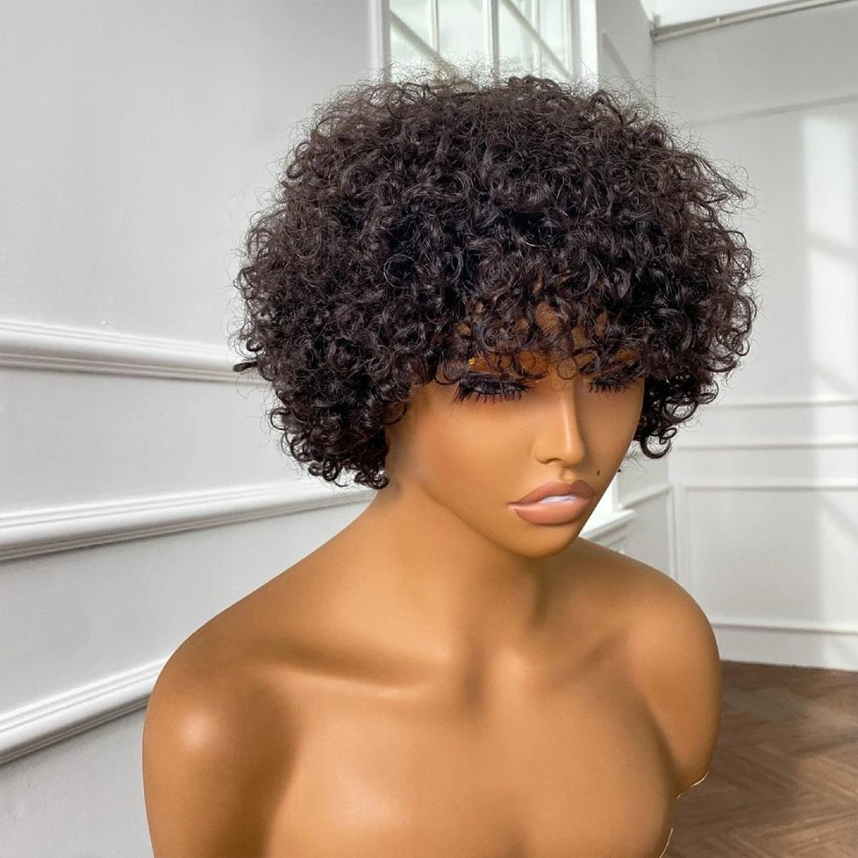 Short Curly Human Hair Wig Full Machine Made Glueless Wig Human Hair Ready To Wear Without Glue Or Gel Kinky Curly Pixie Cut Wig