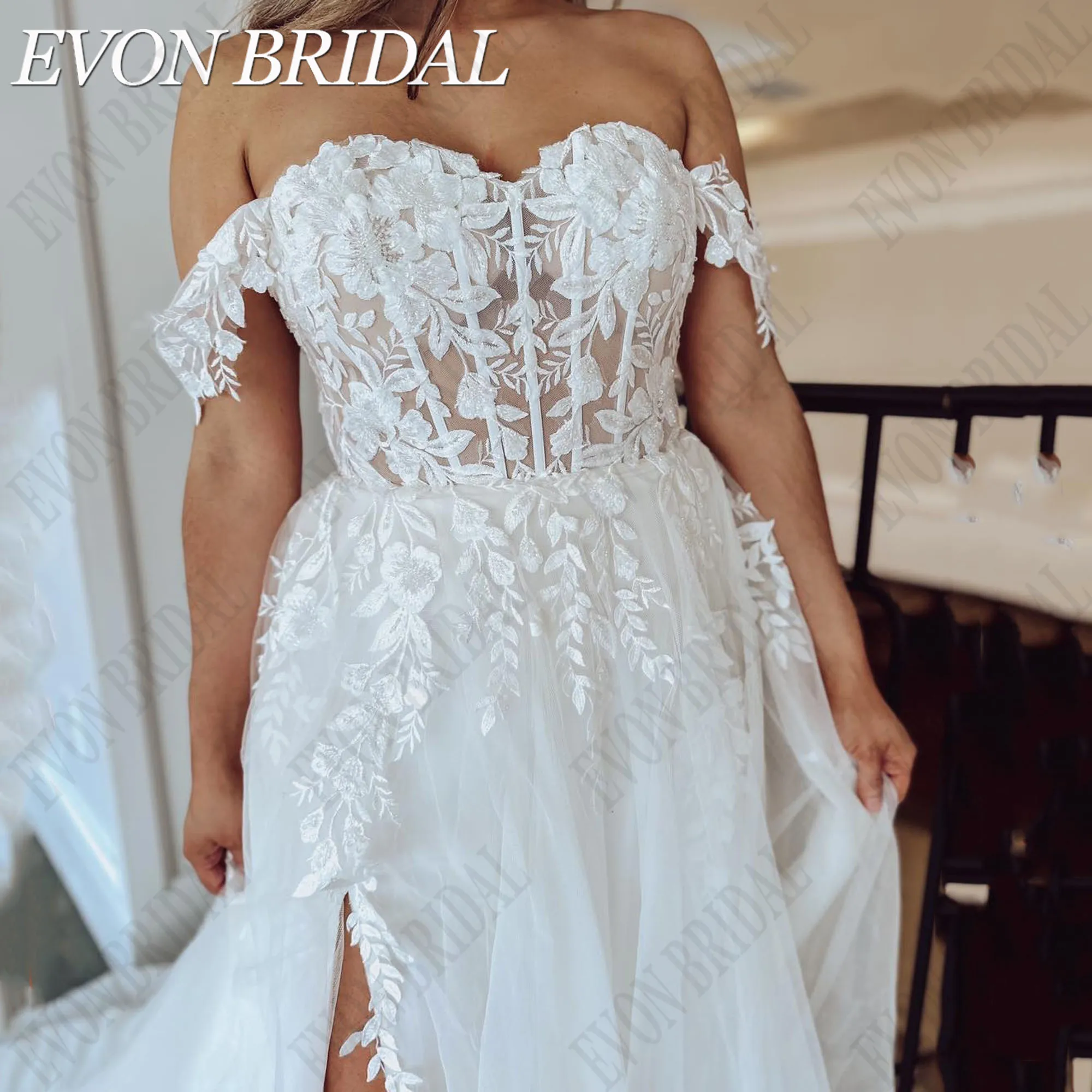 EVON BRIDAL Sweetheart Plus Size Wedding Dresses Off Shoulder A-Line Applique Bride Gowns Side Split Tulle Vestidos De Novia 6
