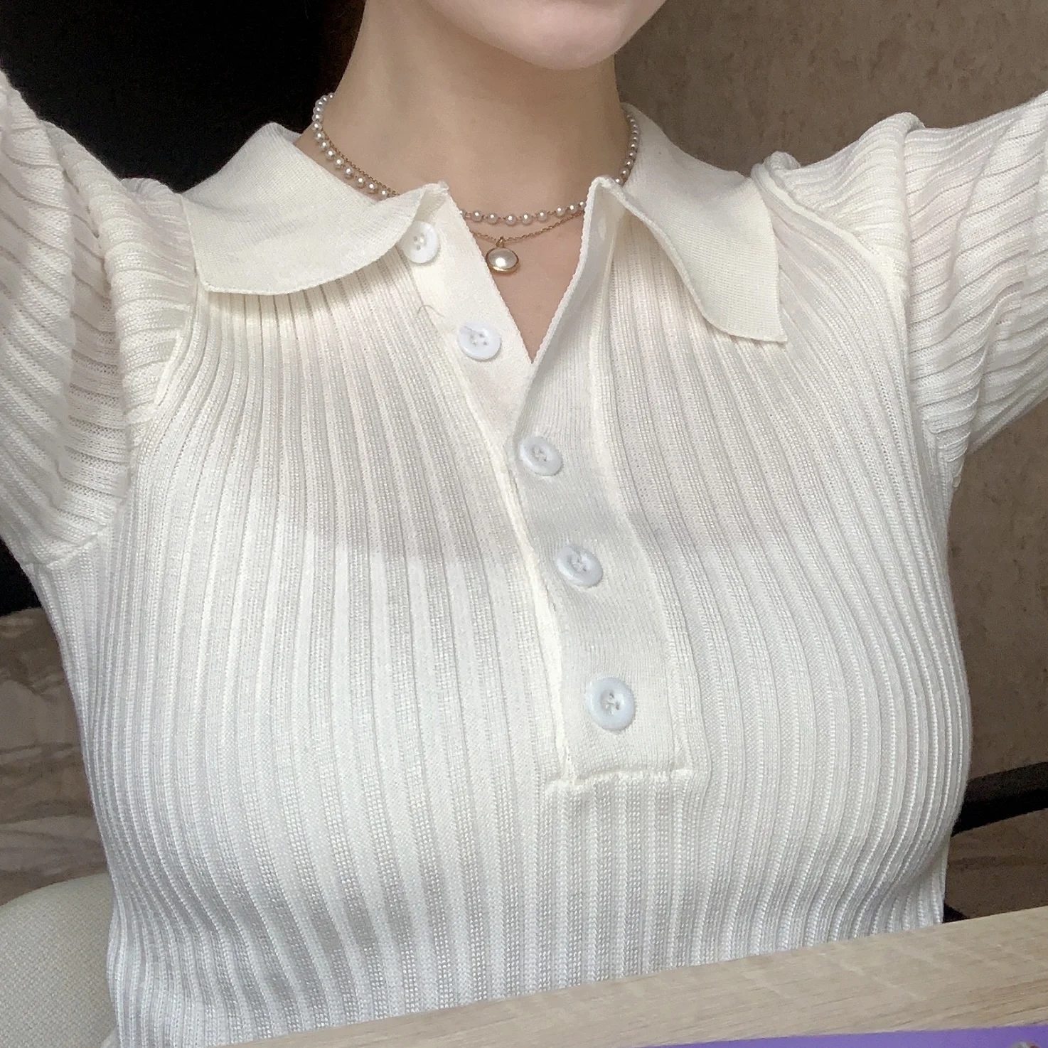 Women Korean Buttons Cropped Knitted Polo Shirt Sweater 2023 Spring Fashion Outfits photo review