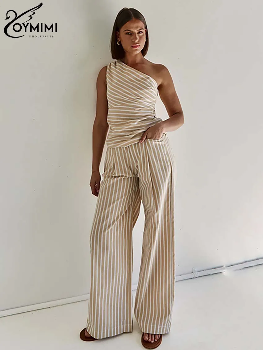 Oymimi Fashion Khaki Print Sets For Women 2 Pieces Elegant Skew Collar One-Shoulder Tops And High Waist Straight Trousers Sets