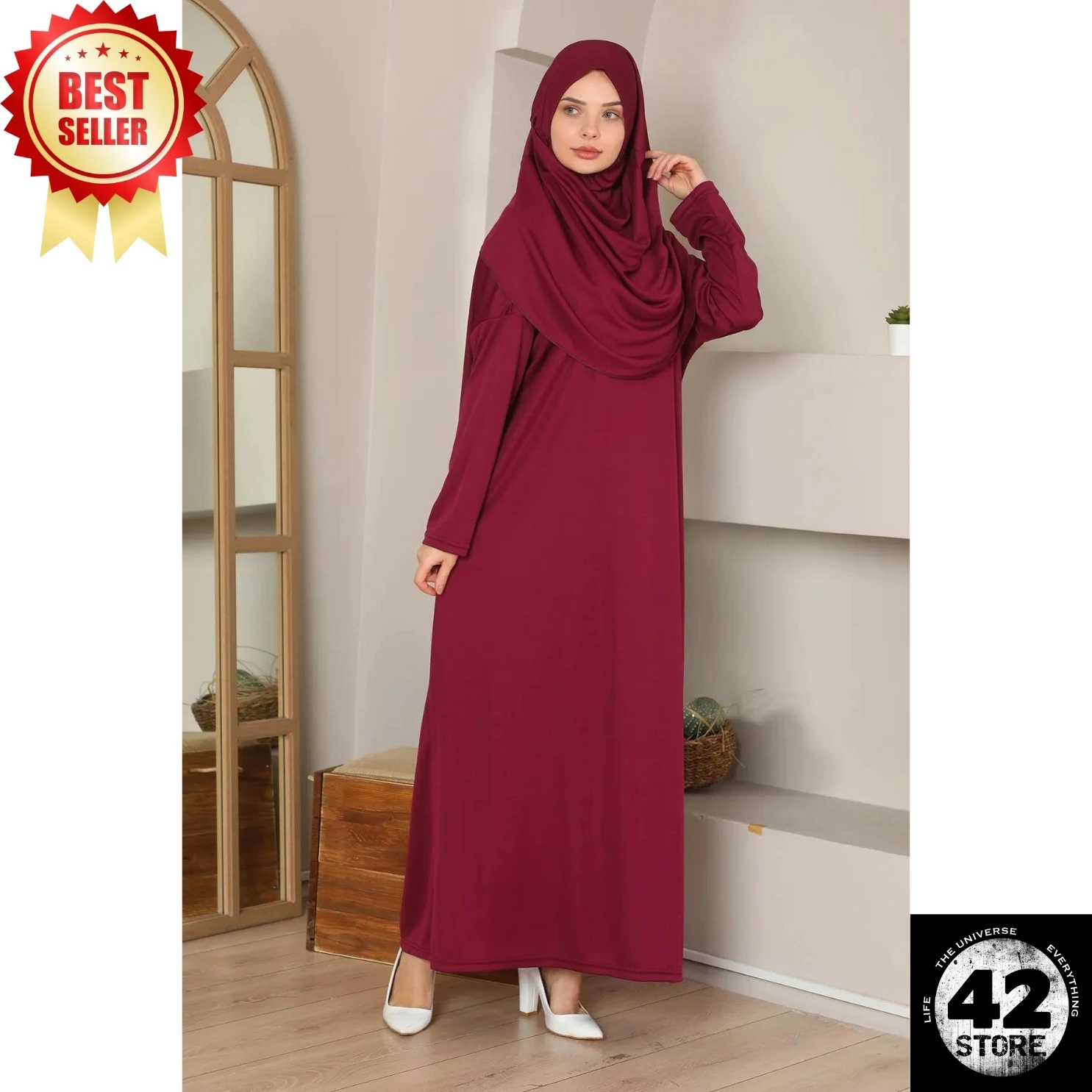 Muslim Fashion Burgundy One Piece Length Prayer Dress