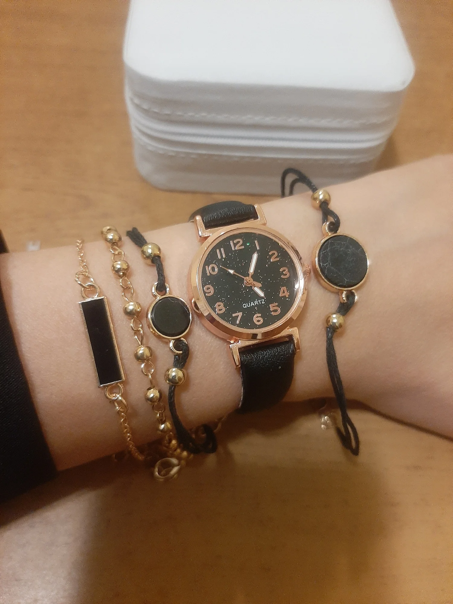 Conjunto de relógio de couro feminino casual, senhoras, céu estrelado, mostrador redondo, relógios de pulso, relógio de vestido, moda simples, 5 peças photo review