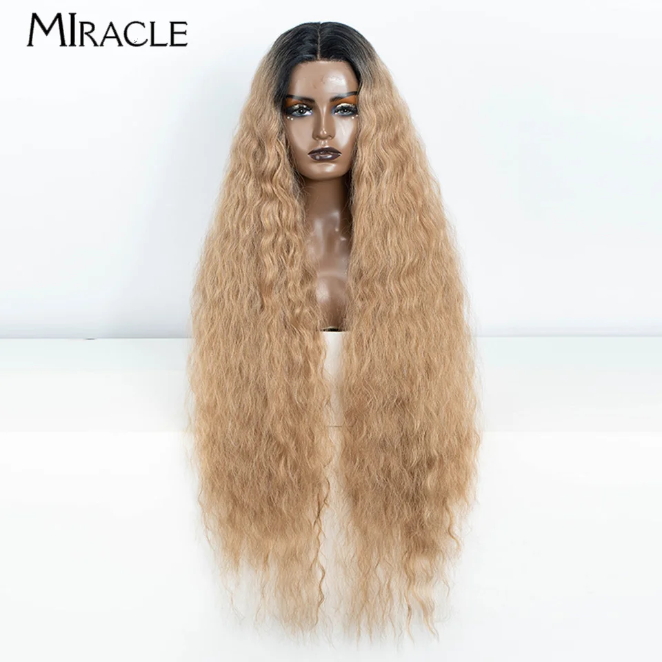 

MIRACLE Synthetic Lace Front Wig For Women 40Inch Cosplay Wig Super Long Wavy Lace Wig Heat Resistant Ombre Blonde Wig Curly Wig