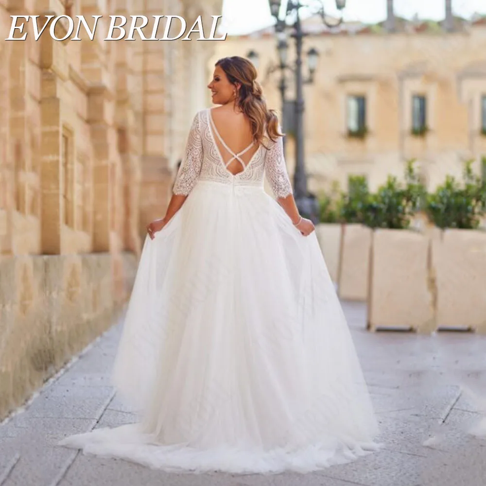 EVON BRIDAL Lace Wedding Dress Plus Size Backless V-Neck Applique Vestido De Novia Tulle 3/4 Sleeves Bride Gown Custom Made 2