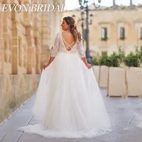 EVON BRIDAL Lace Wedding Dress Plus Size Backless V-Neck Applique Vestido De Novia Tulle 3/4 Sleeves Bride Gown Custom Made 2