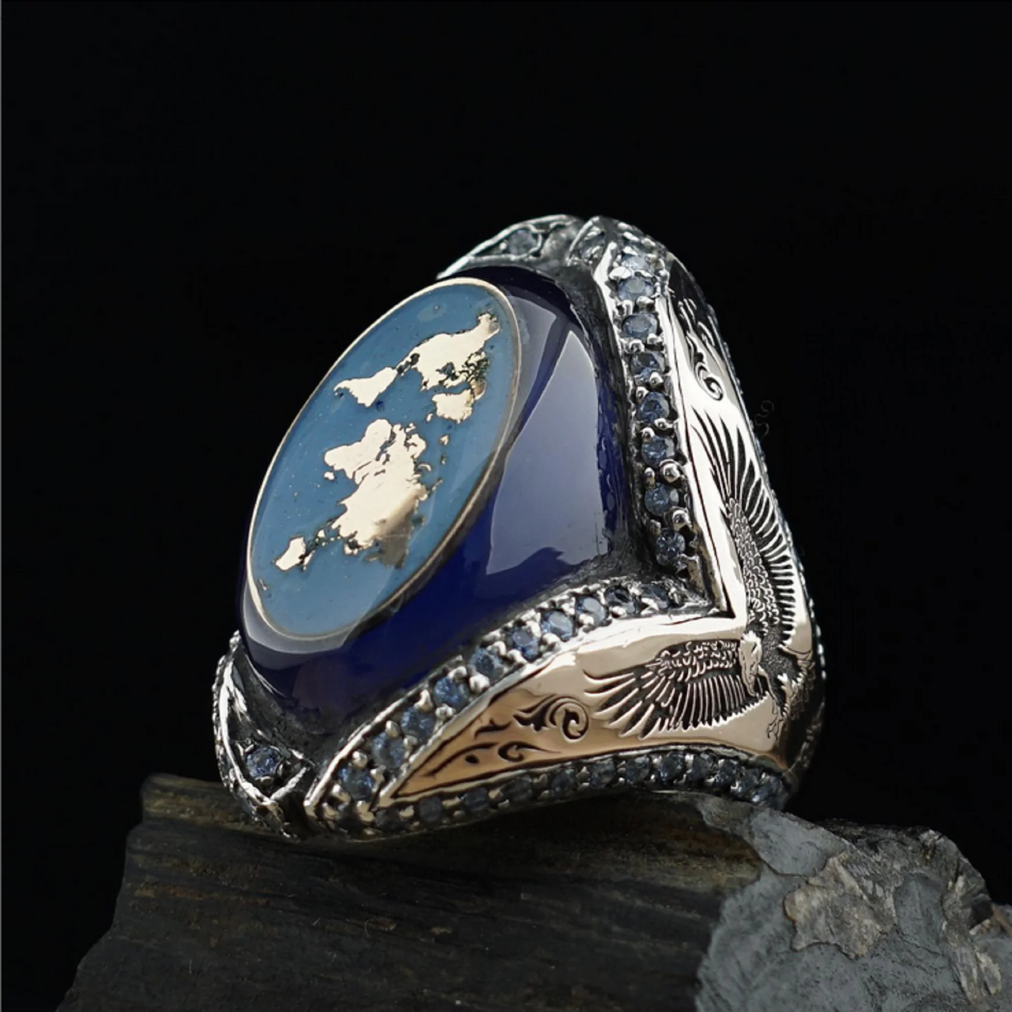 Ottoman World Map Blue Amber Silver Men's Ring For Men's Map Silver Ring Aqua Onix Stones Studded Turkish Handmade Summer Gift кэшбокс onix