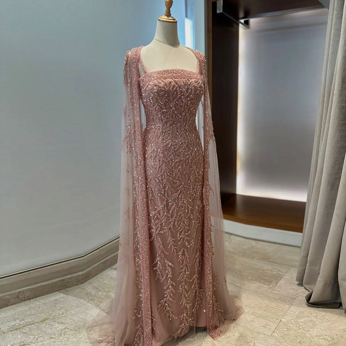 chinese dress ladies Pink Rhinestone Chapel Feather Train Mermaid Prom Dress