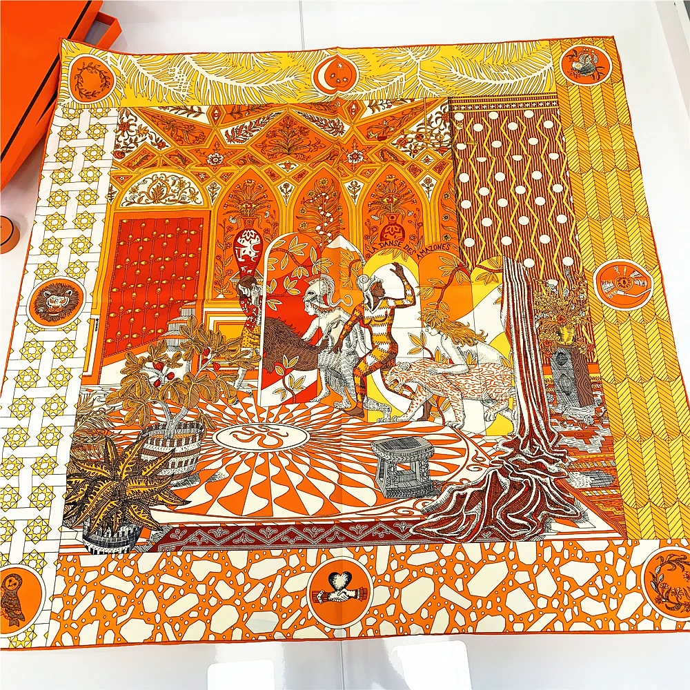 

Manual Hand Rolled Twill Silk Scarf Women Palace Print Square Scarves Wraps Echarpe Curled Foulards Femme Bandana Hijabs 90CM