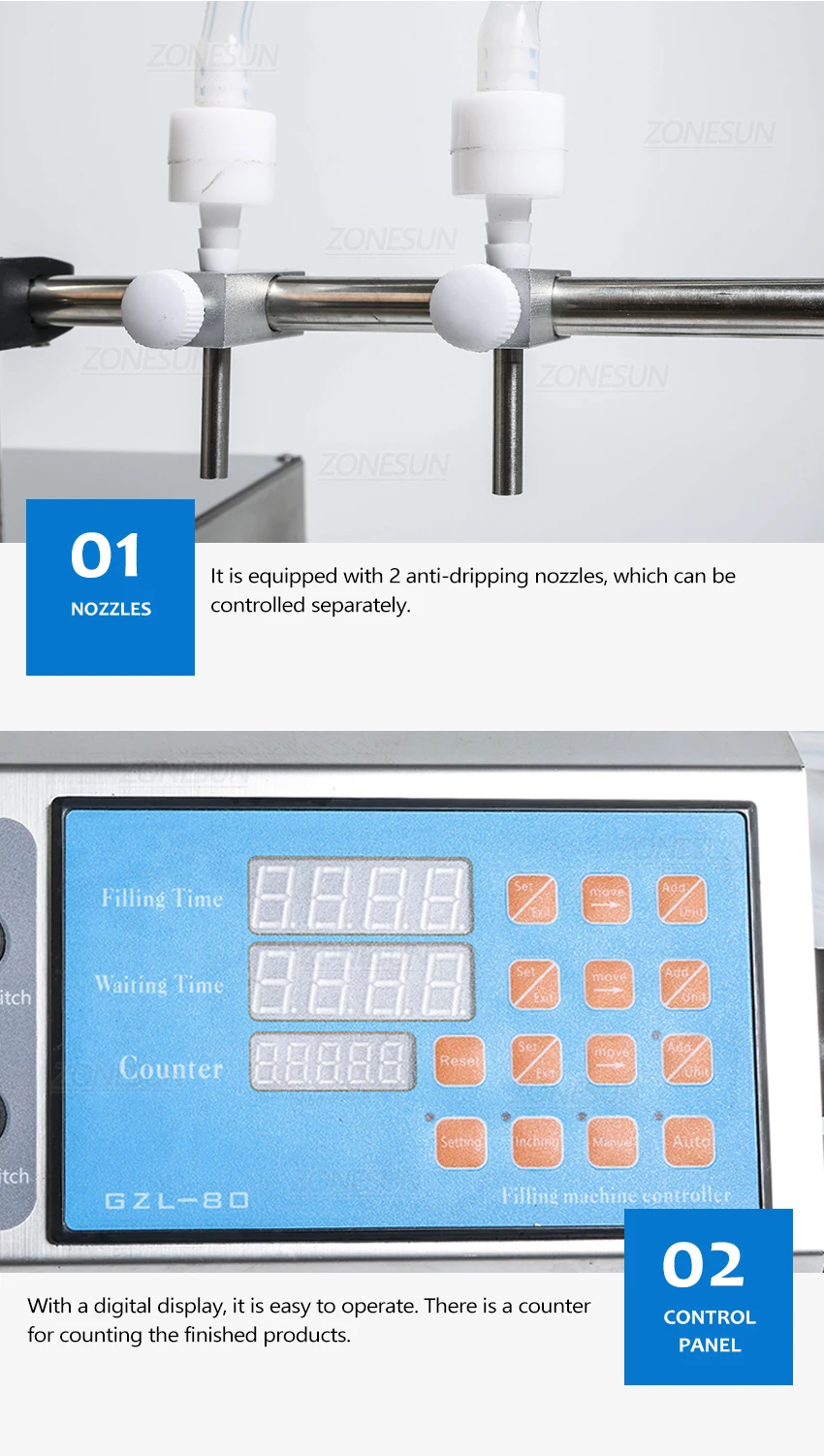 ZONESUN ZS-YTDP2 Electric 2 Nozzles Diaphragm Pump Liquid Filling Machine