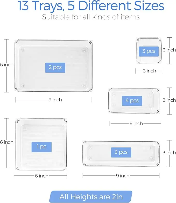 13-Piece Drawer Organizer Set, Plastic Storage Bins with Non-Slip Pads, Clear Desk Storage Trays for Makeup, Jewelry 2