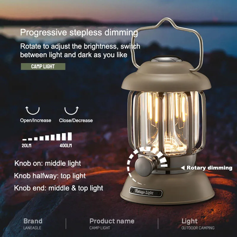 Rechargeable Camping Lantern Aluminum Alloy Vintage Pendant Light Waterproof Stepless Dimming Outdoor Adventure picnic Home