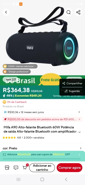 Caixa de Som Alto-falante Bluetooth 60W Mifa A90 photo review