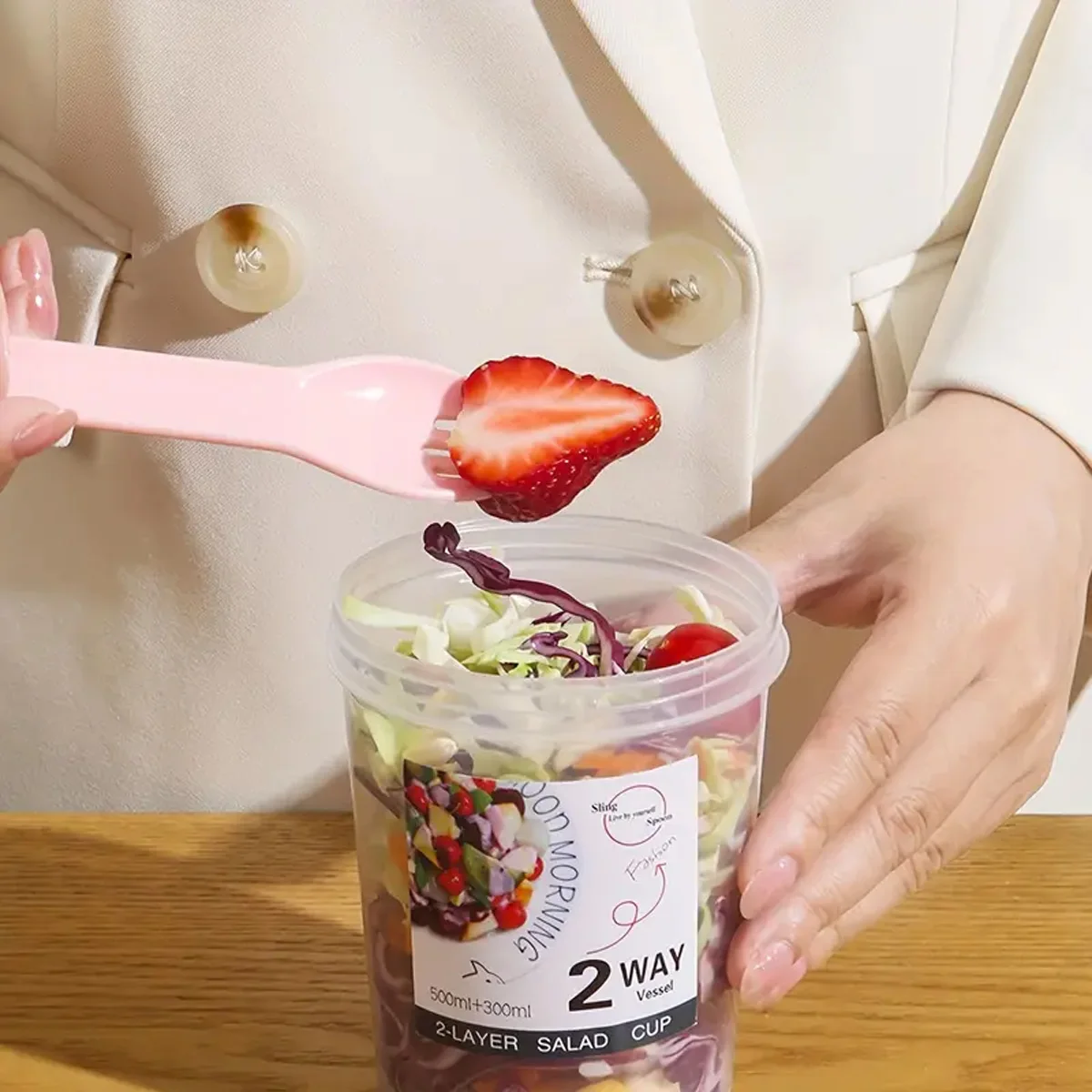 1pc Portable double layered salad cup with spoon, fruit, oats, travel, breakfast cup, salad lunch box, and travel accessories