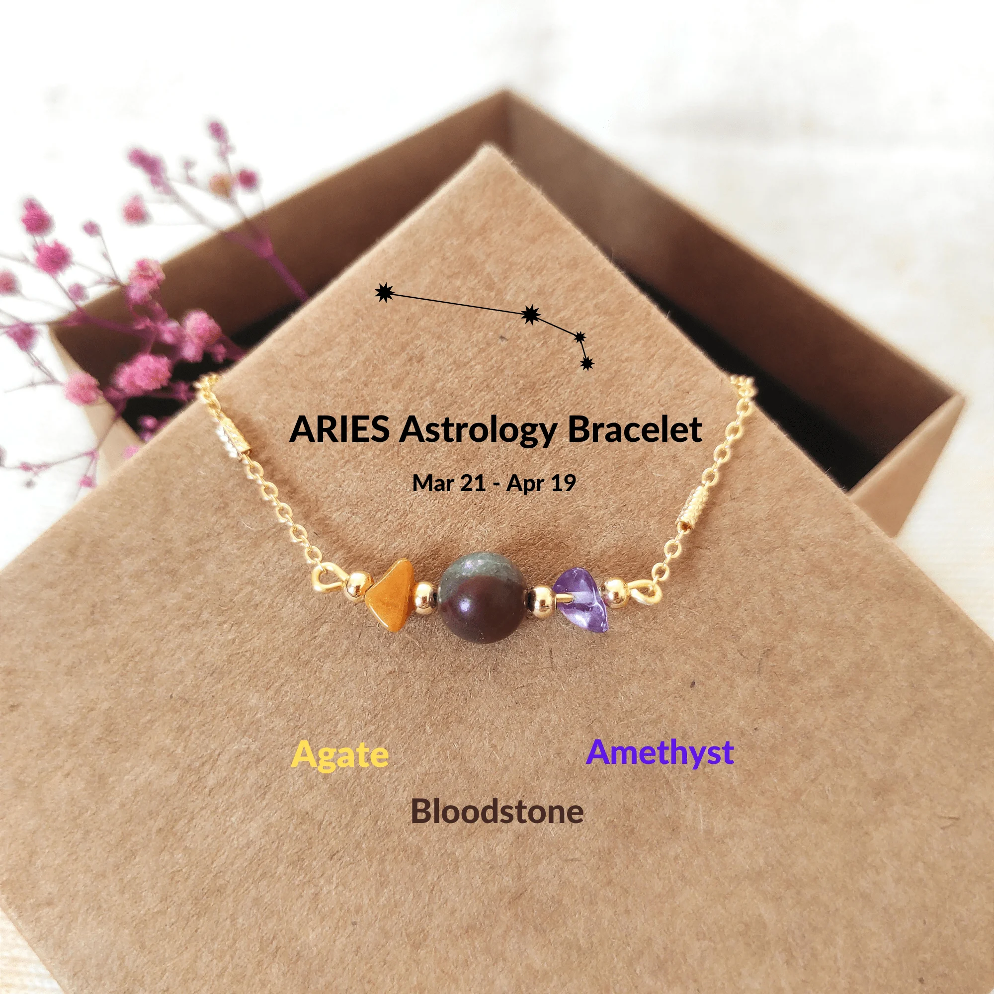 

LightCrop Design Aries Adjustable Natural Stone Gold Bracelet fashion women gemstone zodiac bracelet
