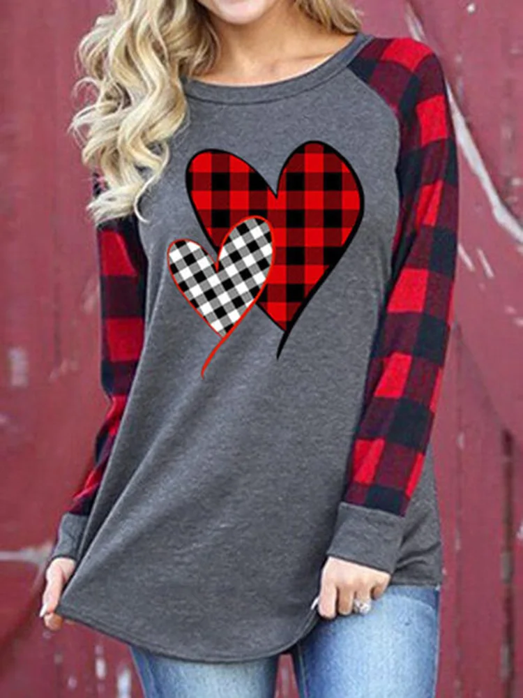 

Plaid Splicing T-Shirt Valentine's Day Shirts for Women Funny Love Heart Graphic T Shirt Long Sleeve Top Raglan Casual Tunic Top