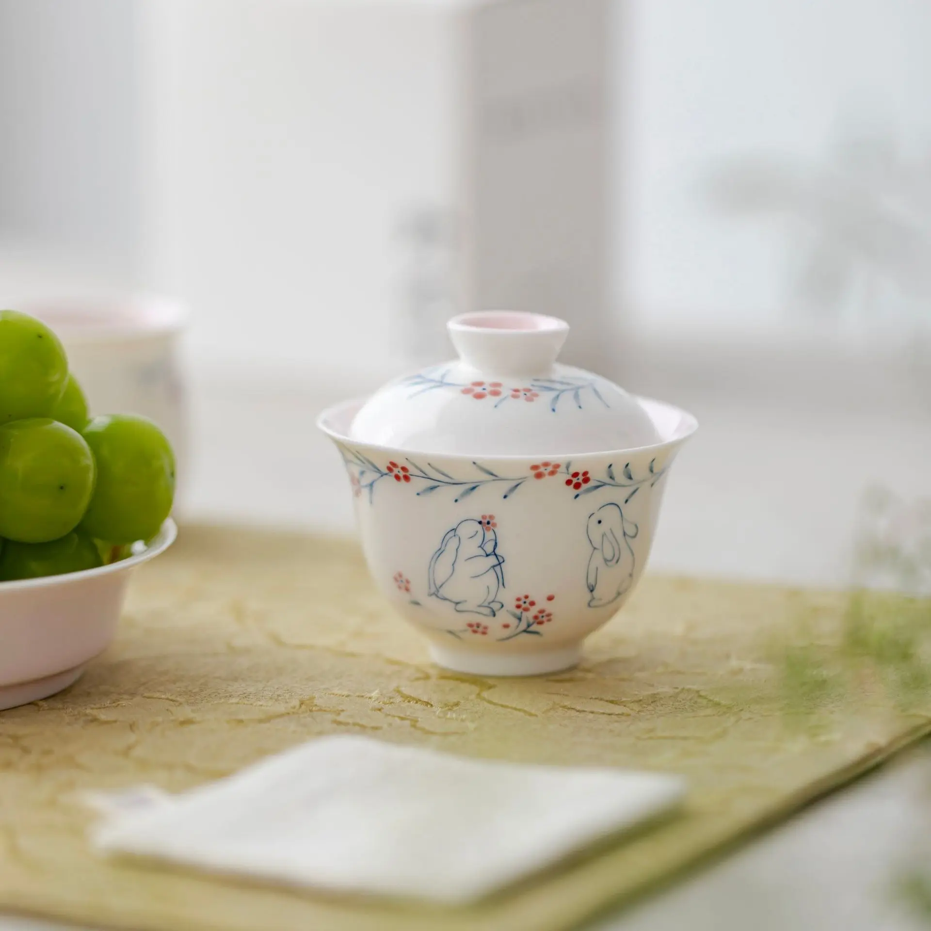 90ml Hand Painted Rabbit Gaiwan Set For Tea Chinese Small Tureen Pink Tea Bowl Kung Fu Chawan Cups Lily Deng's Store