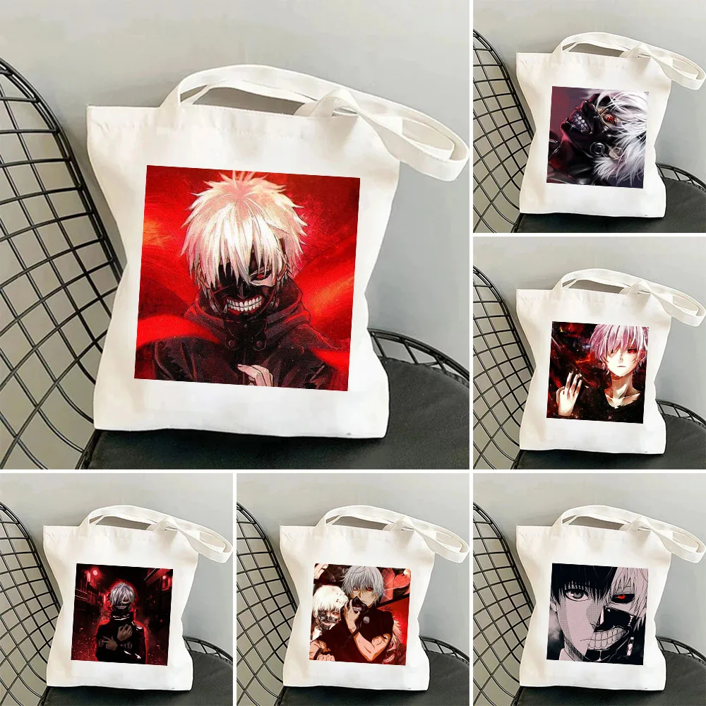 

Japan Anime Tokyo Ghost Kaneki Ken Cartoon White Tote Bag for Women Cotton Shopping Beach Large Summer Handbags